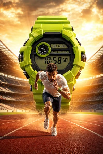 A giant neon lime watch towers over an Olympic sprinter in motion