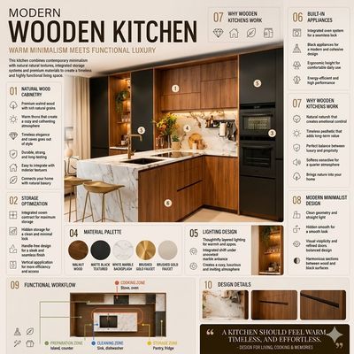 Walnut wood kitchen blends warm minimalism with functional luxury