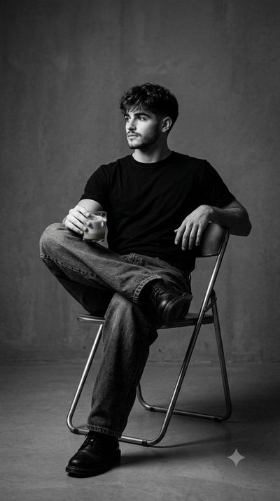 A man in black sits on a metal chair holding matcha.