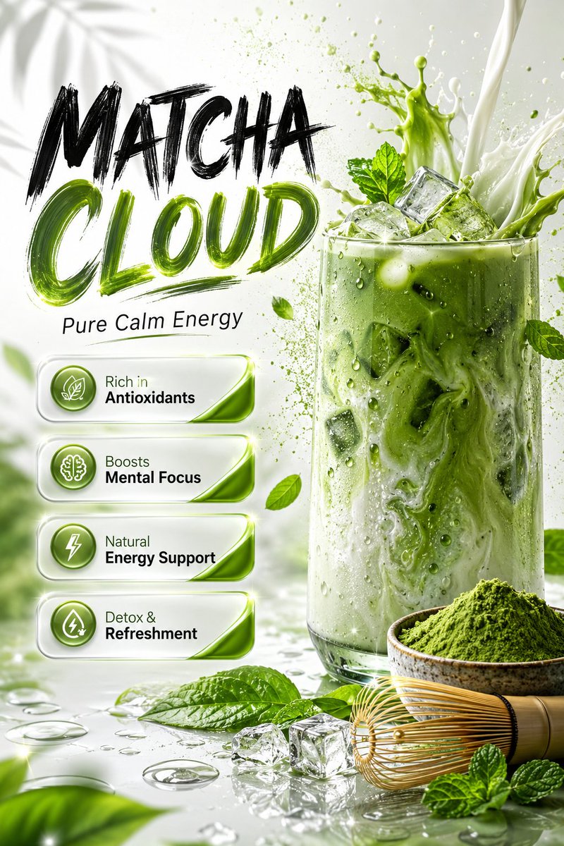 Japanese matcha latte glass with creamy swirl and luxury branding