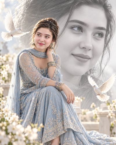 Elegant Woman in Pastel Blue Anarkali Sits with Flying Pigeons