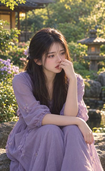 Young woman rests in golden garden, lost in purple dreams