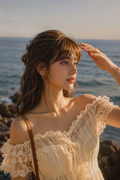 Golden hour portrait of a woman in lace shielding her eyes