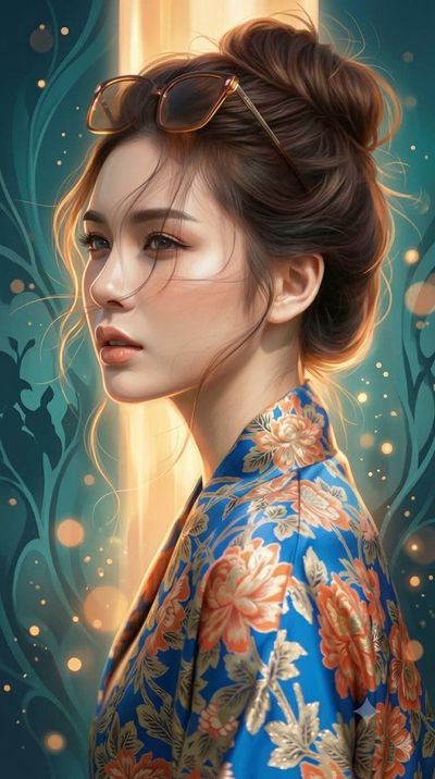 A golden column illuminates a teal fantasy scene with delicate brushstrokes