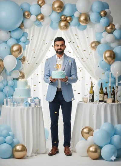 A handsome man in blue blazer holds a golden 30 cake