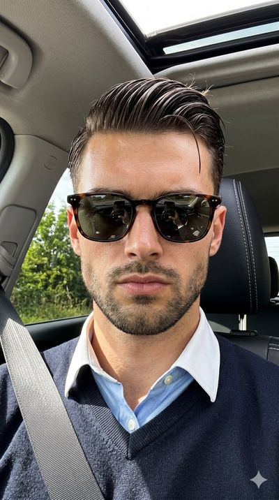 A serious man in a car takes a selfie with harsh sunlight