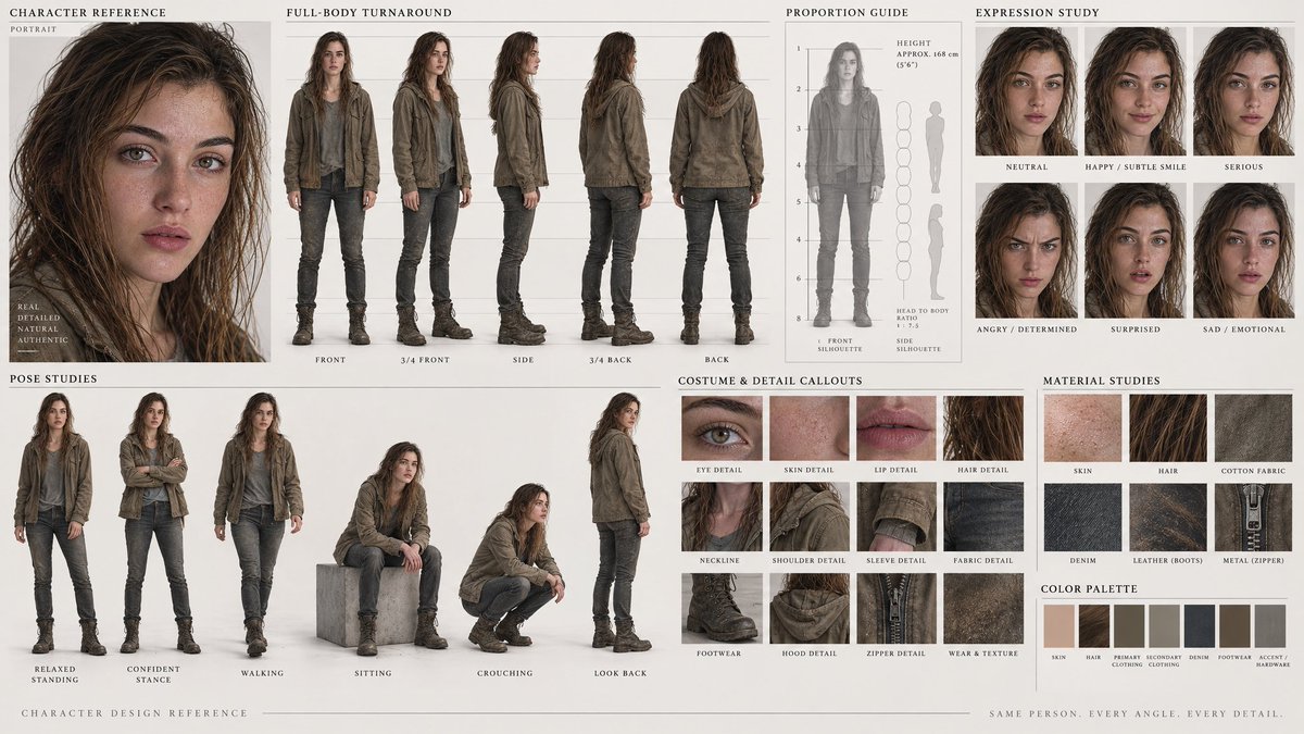 Character model sheet shows five turnaround views on neutral studio backdrop