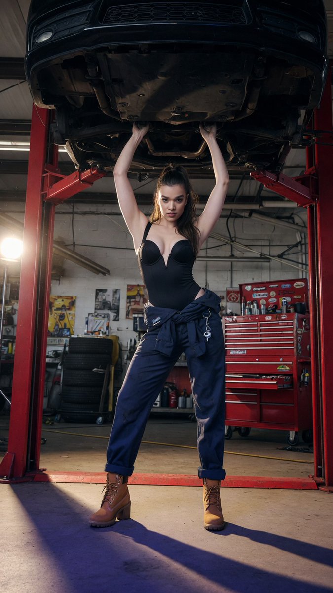 A woman in a black bodysuit grips a car's undercarriage in a garage.
