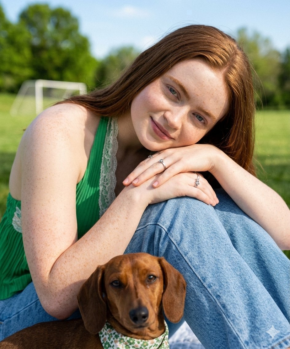 Sunlit Serenity: Portrait of a Woman and Her Dachshund in a Green Park