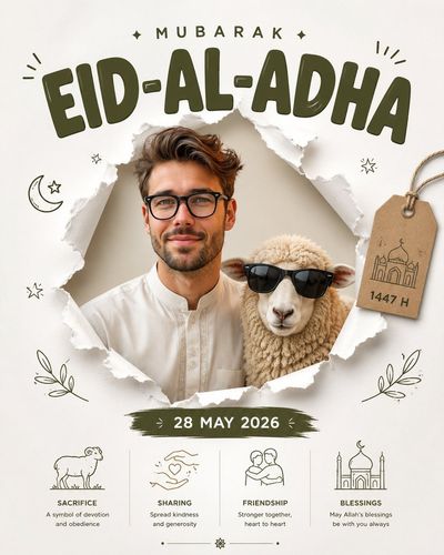A cute sheep in sunglasses poses with a man in a modern Eid poster.