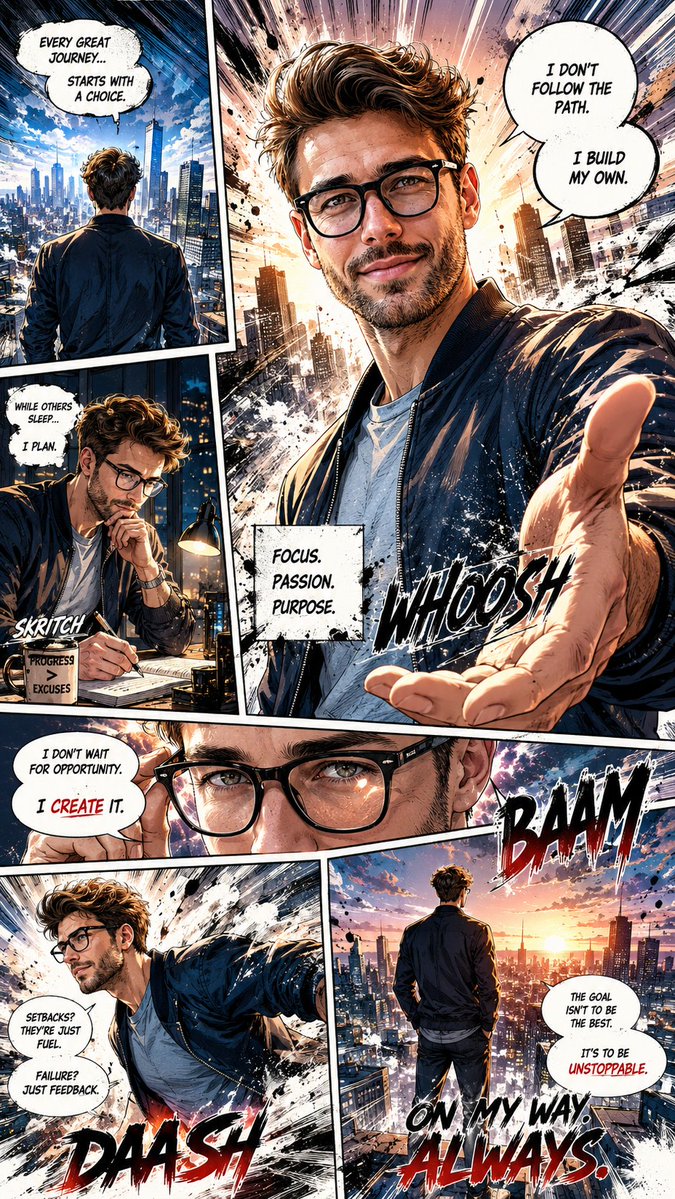 Manga hero leaps through explosive cityscape with fiery aura