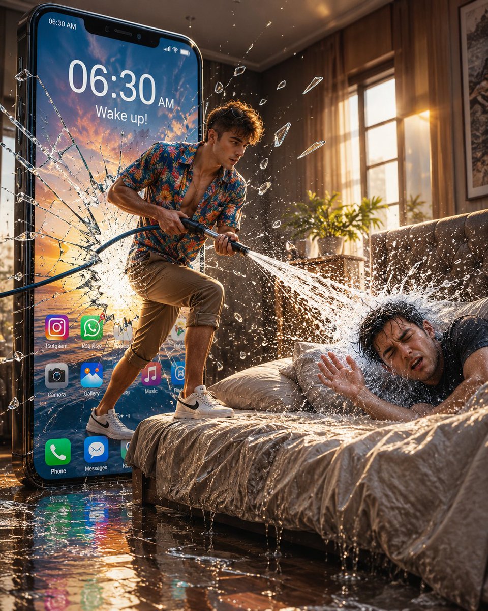 A man bursts from a giant phone and sprays a sleeper with water