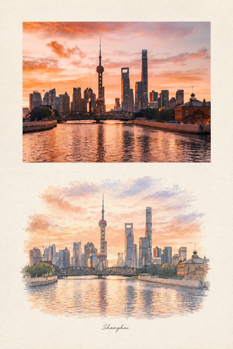 Cityscape Photo and Watercolor Merge in Travel Journal Style