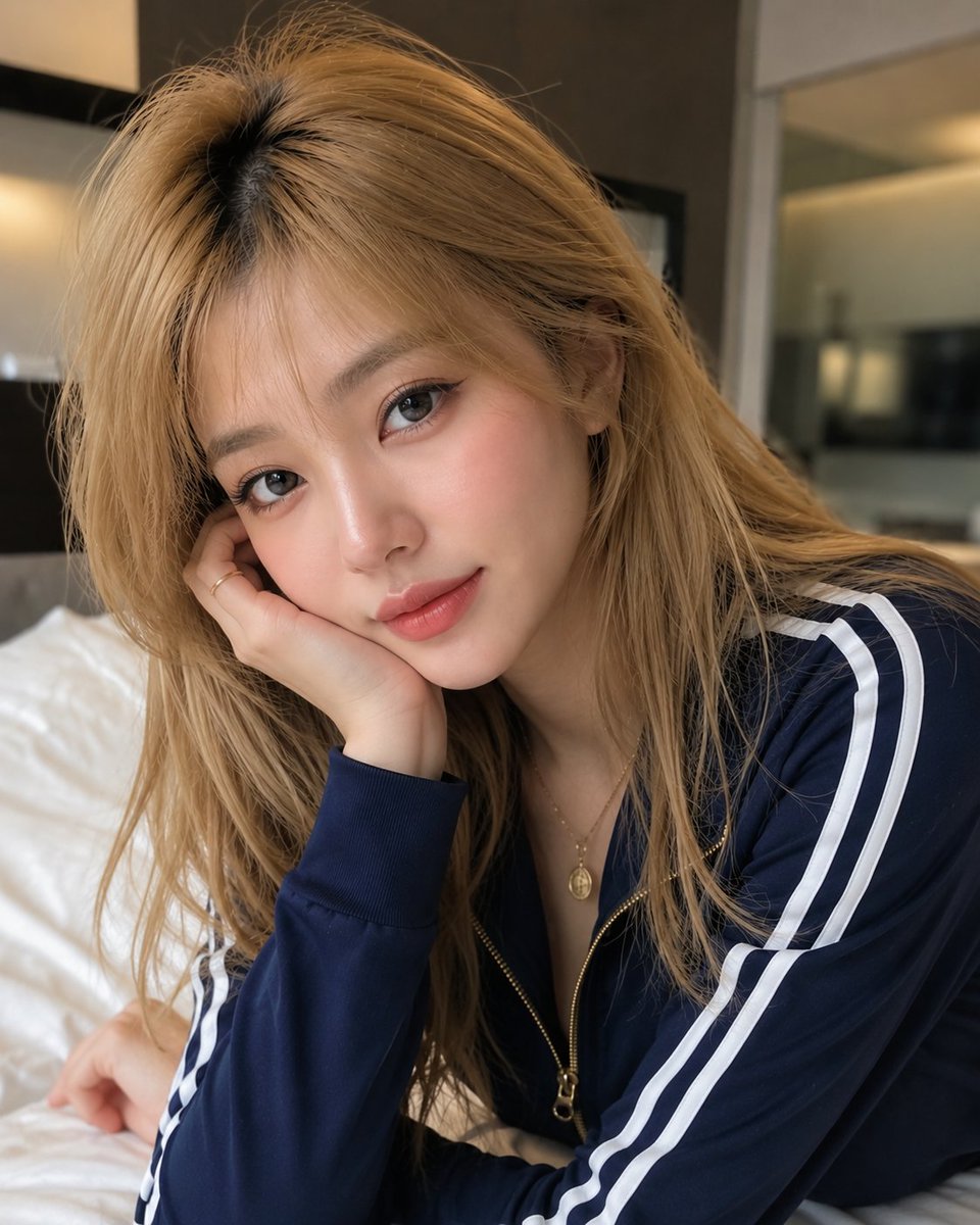 Young woman in navy jacket rests cheek on hand with dreamy gaze