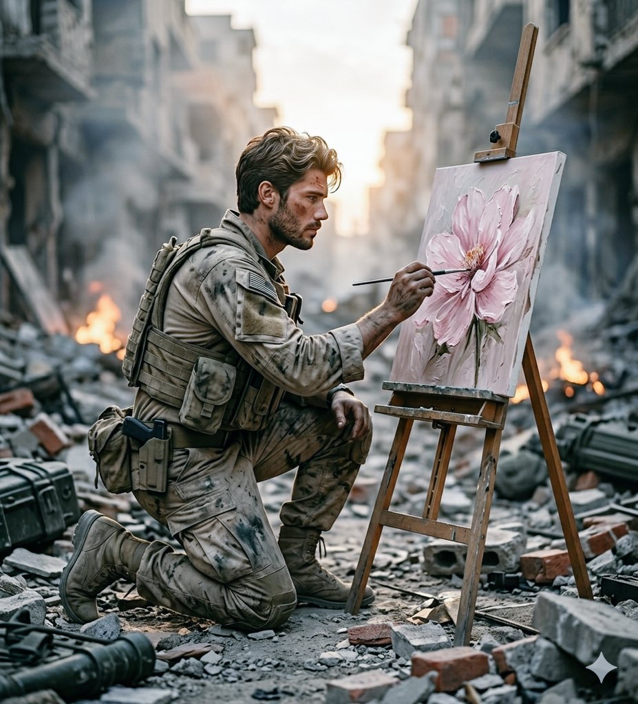 A battle-weary soldier paints a pink flower amidst war rubble.