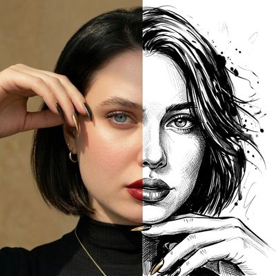 A split-face portrait blends realistic photo with ink illustration