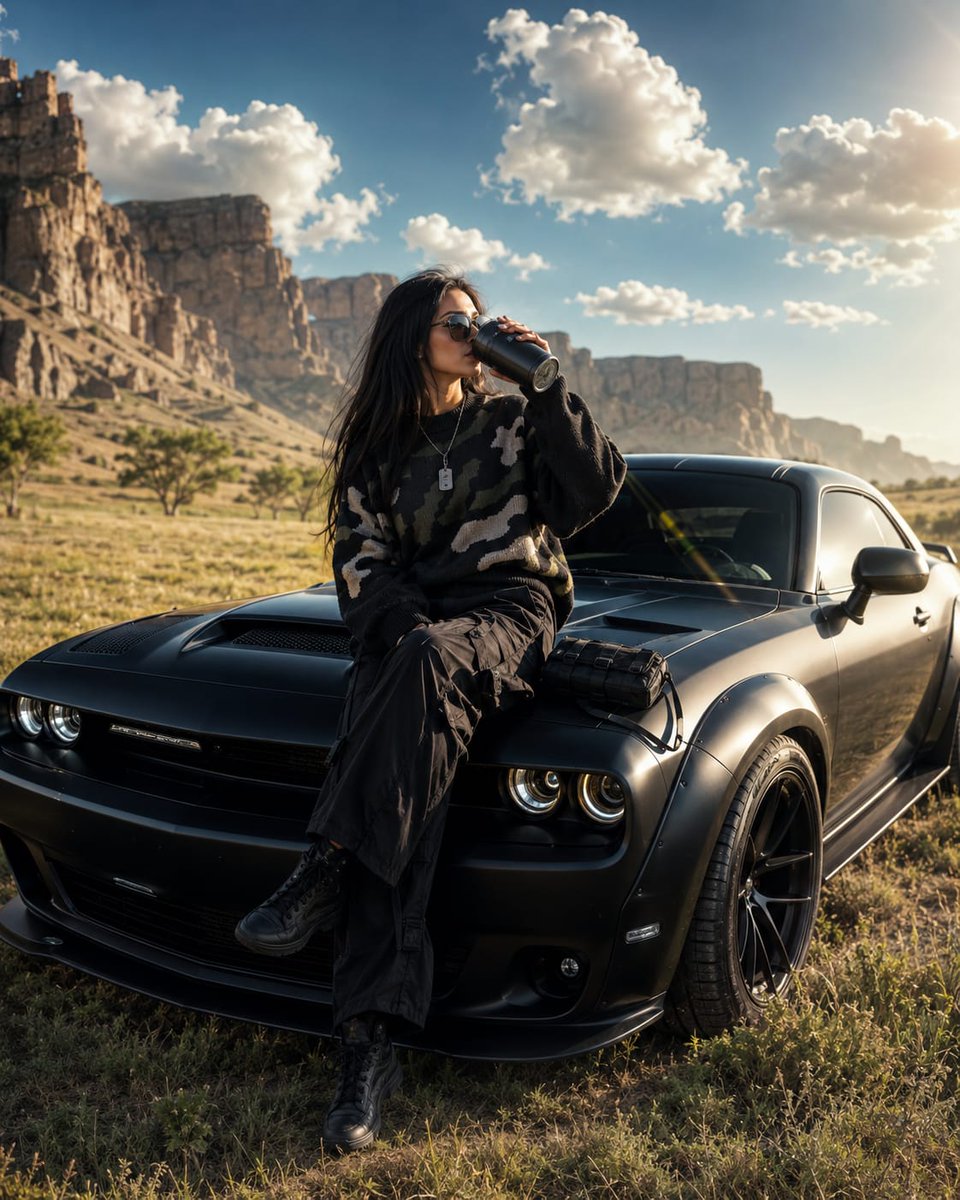 A woman in black knitwear sits on a matte black Dodge Challenger