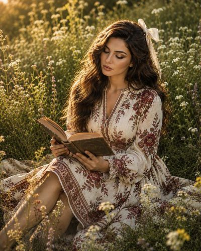Woman reads antique book among wildflowers at golden hour