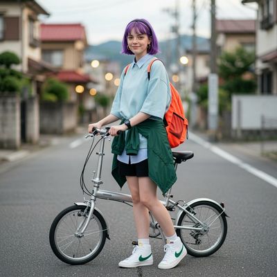 Wareen poses with a silver folding bike on a quiet Japanese street