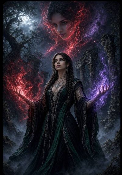 Sorceress Channels Red and Purple Magic in Dark Forest