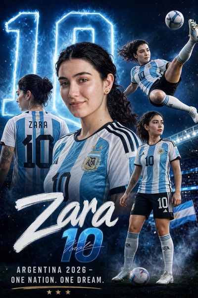 Argentina's star Zara executes a bicycle kick in neon blue stadium