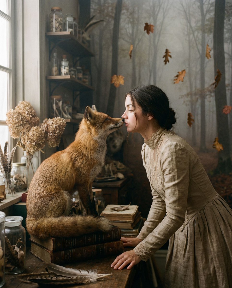 Woman in beige silk gown meets a red fox in dusty atelier