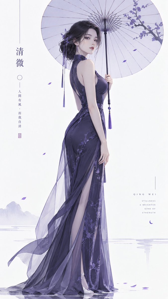 Elegant Eastern Woman Holds Minimal Paper Umbrella in Violet Light