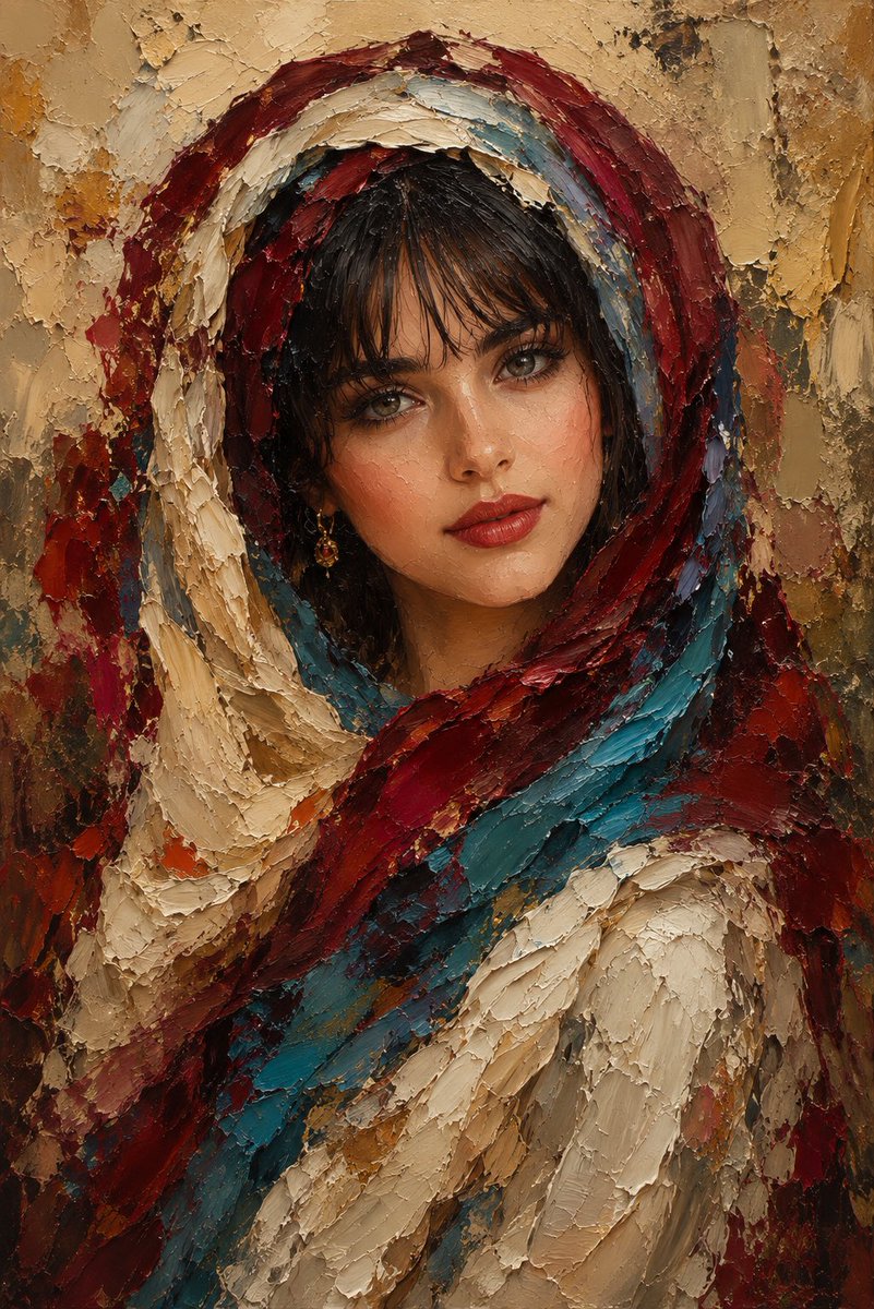 A woman in layered crimson headscarf gazes with calm gray-green eyes