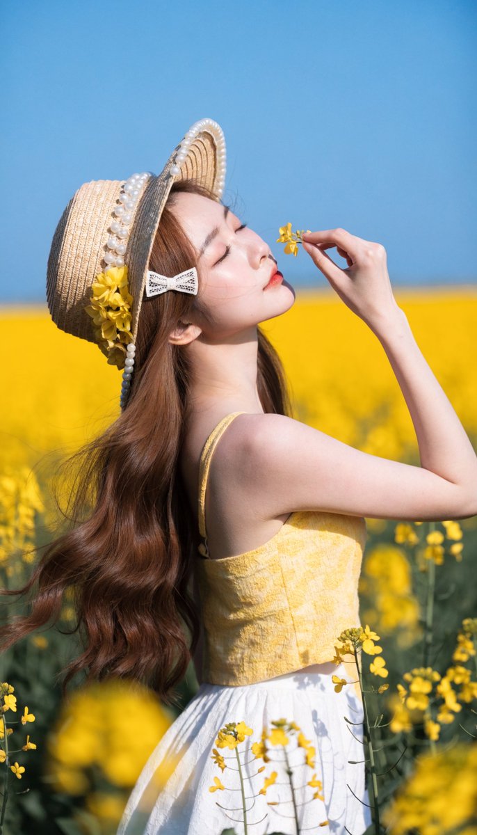 Serene woman in yellow field smells flower under blue sky
