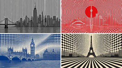 A geometric grid of New York skyscrapers shifts in moiré waves