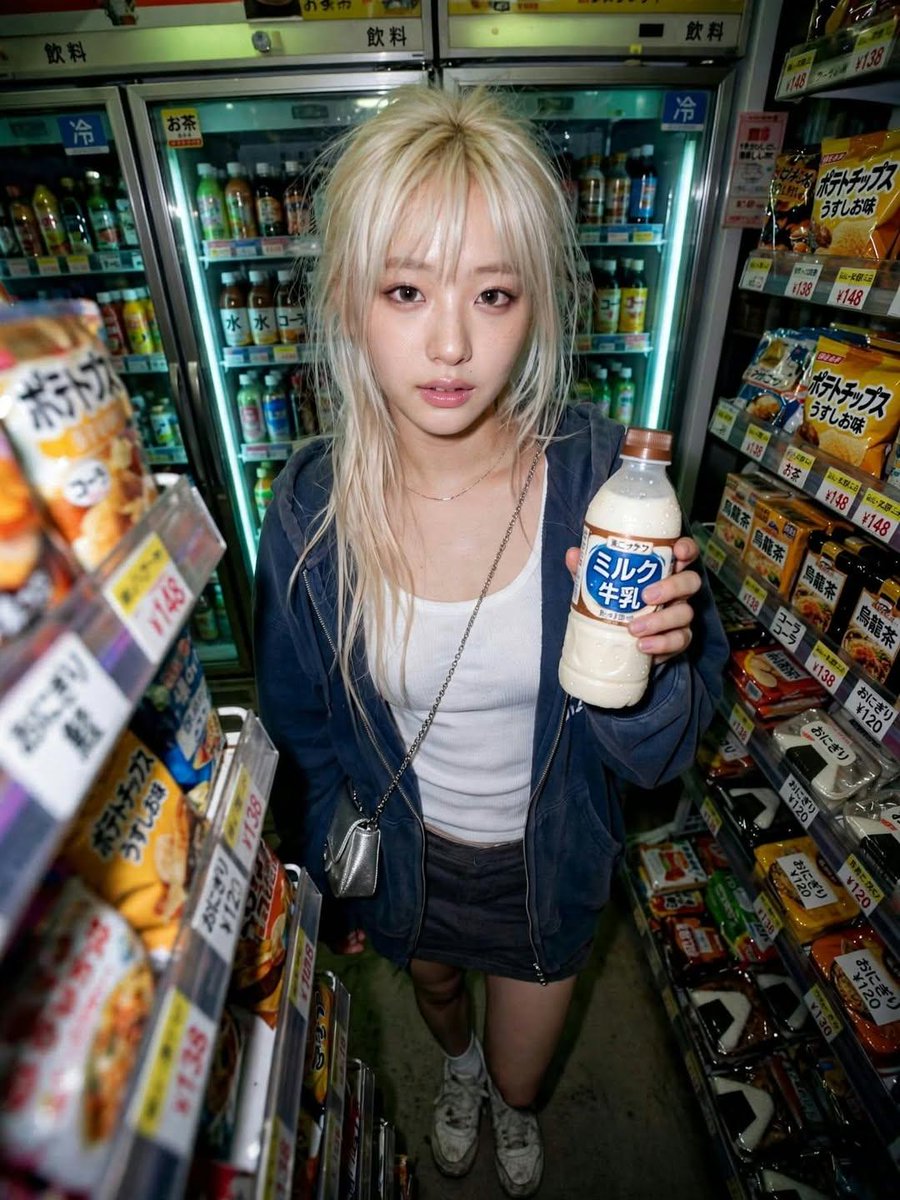 She Sips Milk in a Glowing Convenience Store at Night