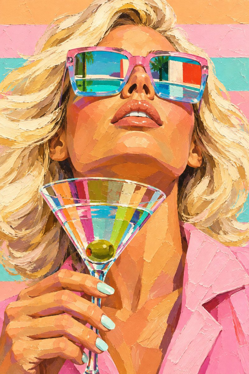 Glamorous woman in pop-art painting sips martini with confidence