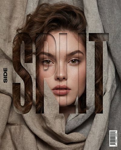 A model's face breaks through crumpled silk behind bold typography