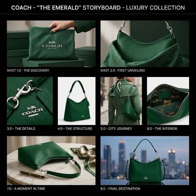 Emerald green Coach bag shines in a cinematic storyboard presentation.