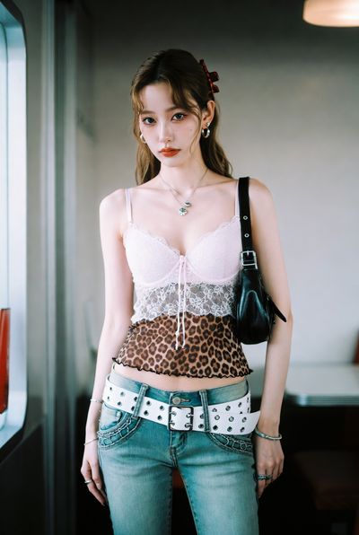 Japanese model in lavender bustier poses at Shibuya Station plaza