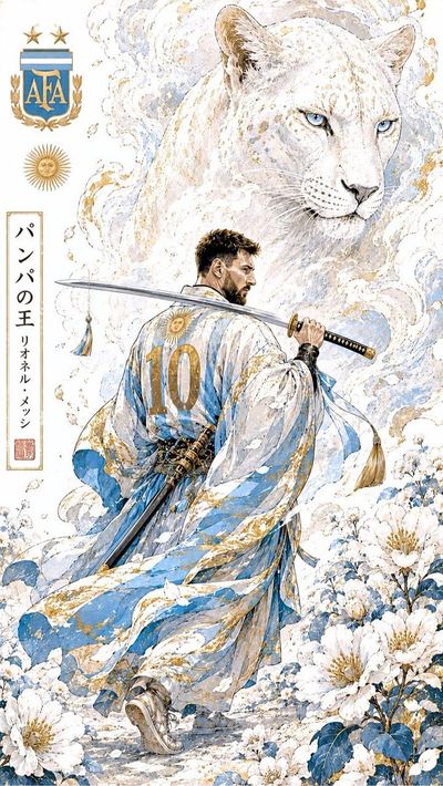 Lionel Messi wears flowing kimono and carries katana beneath white lioness