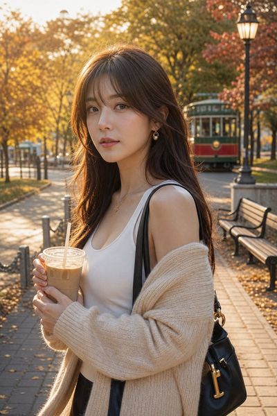 Young woman with chestnut hair holds iced coffee in autumn park