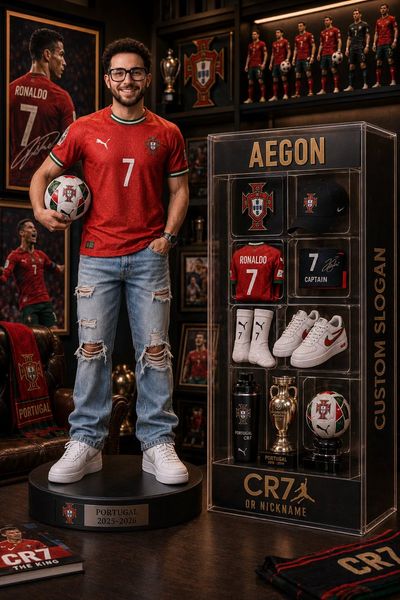 Portugal star CR7 figure stands proudly on a sleek black base