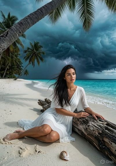 A windswept woman contemplates the stormy ocean at dusk