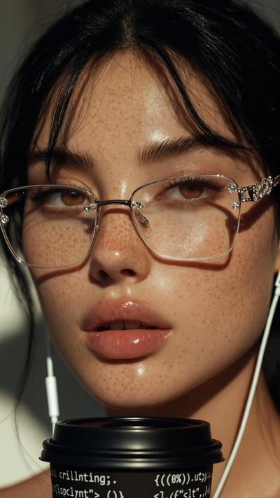 A woman with freckles and glasses holds coffee with code