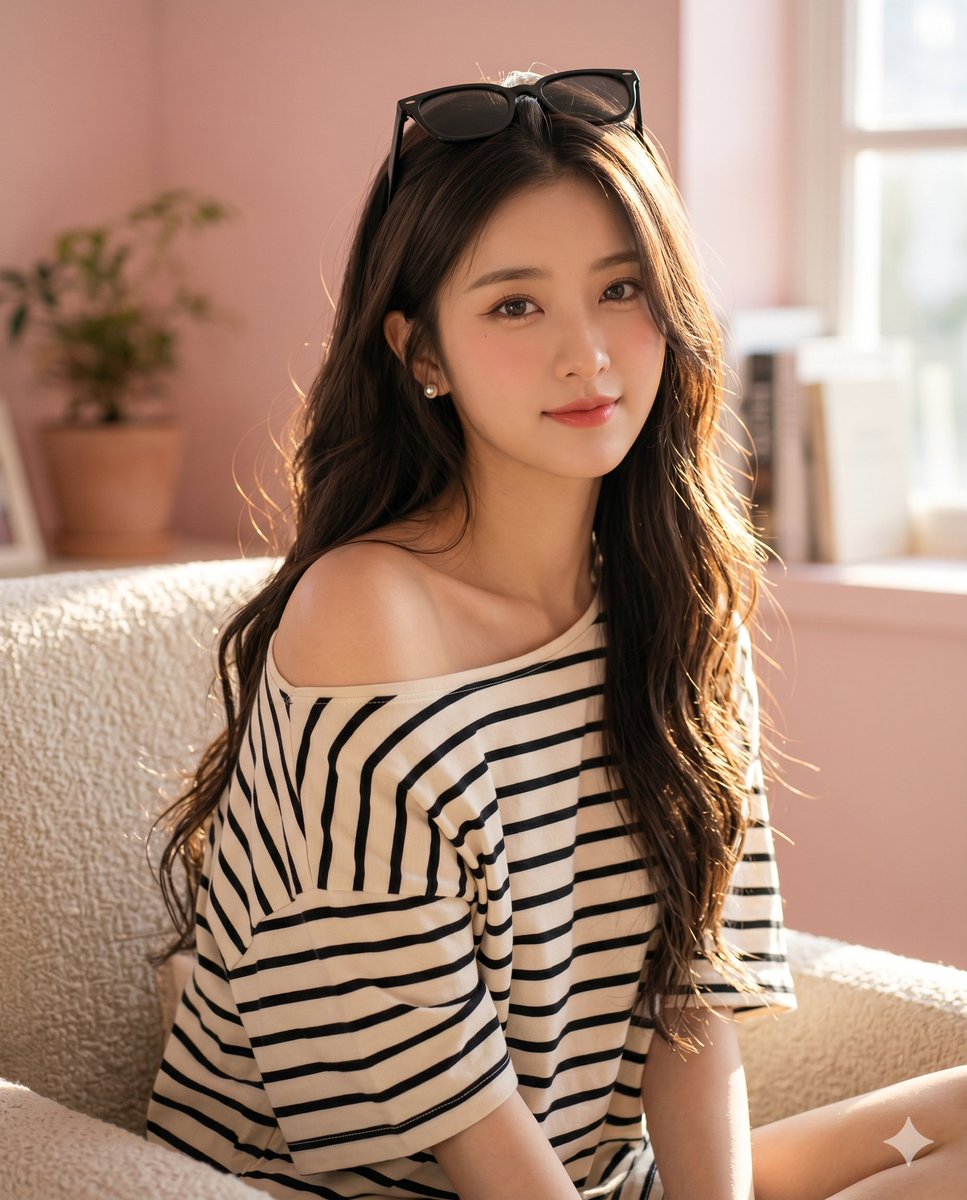 Golden sunlight illuminates a Korean beauty's radiant smile indoors