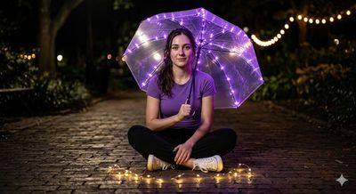 Young man sits under glowing purple umbrella on brick pavement at night