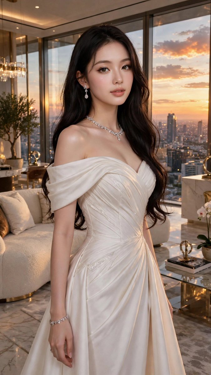Elegant Asian Woman in Ivory Silk Gown at Penthouse Sunset