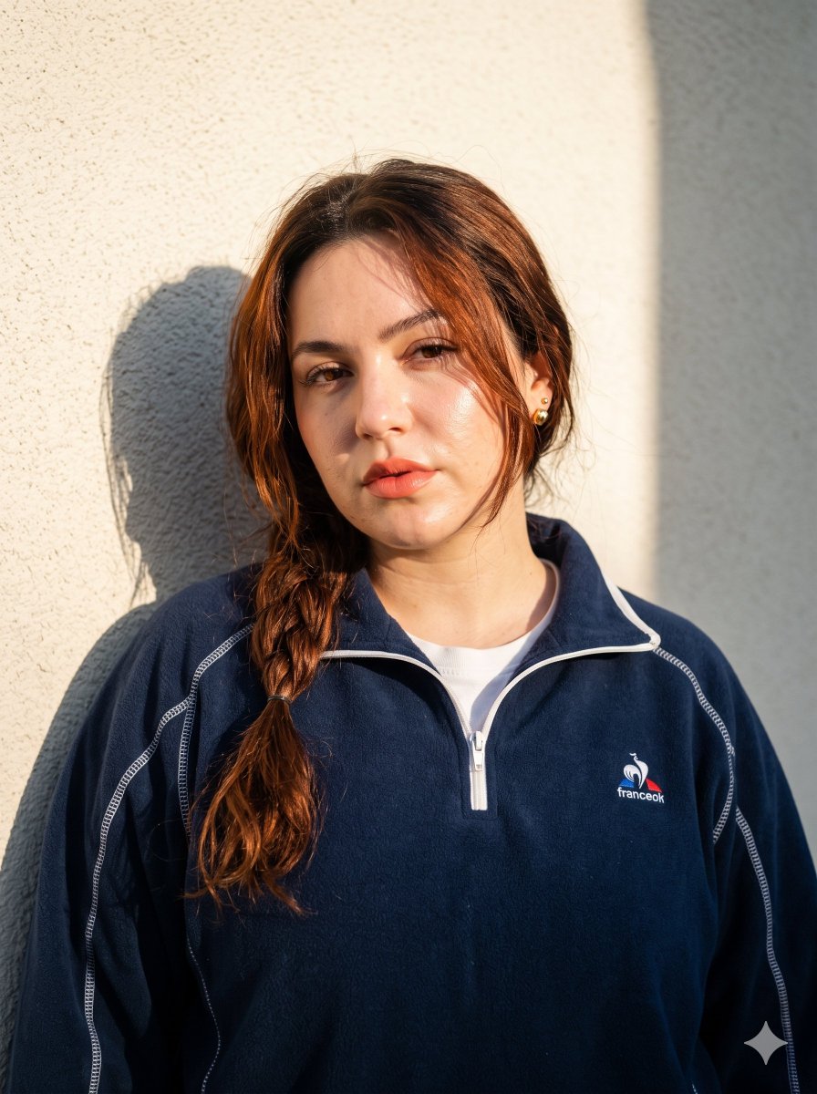 A young woman in navy fleece leans against a sunlit wall