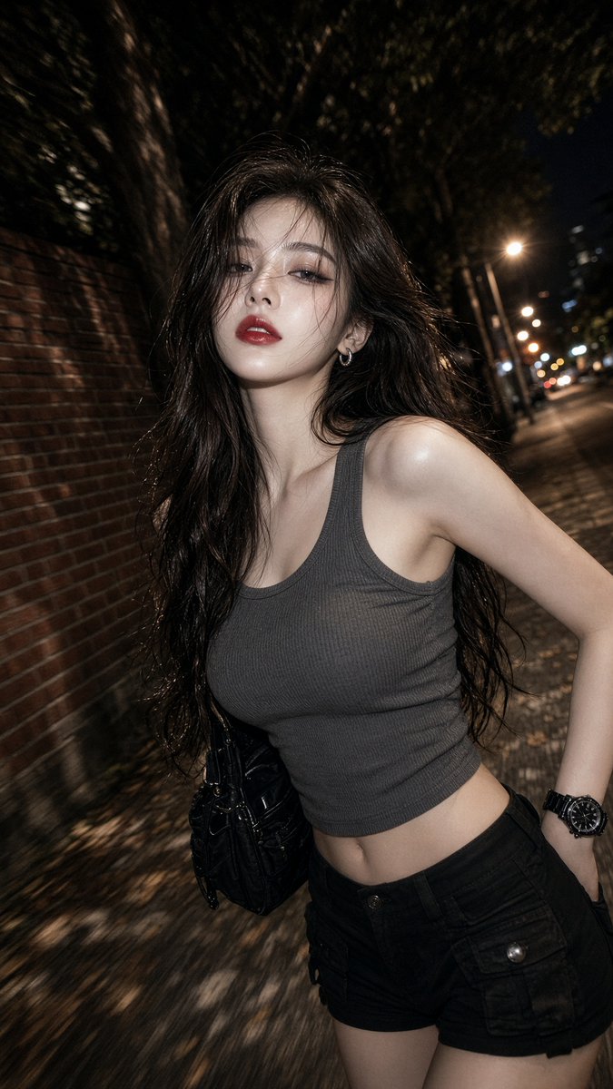 Night wind tangles her hair as she stares through the flash