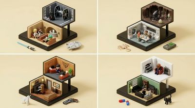 Isometric diorama grid showcases four iconic sci-fi movie worlds