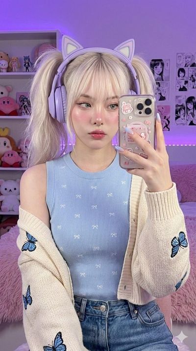 Cozy Gamer Girl Mirror Selfie in Soft LED Glow