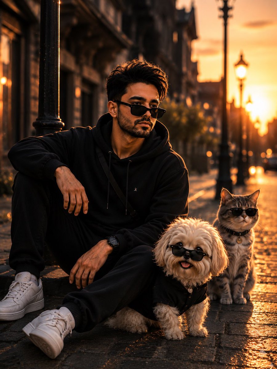 A man crouches by a lamp post with two stylish pets