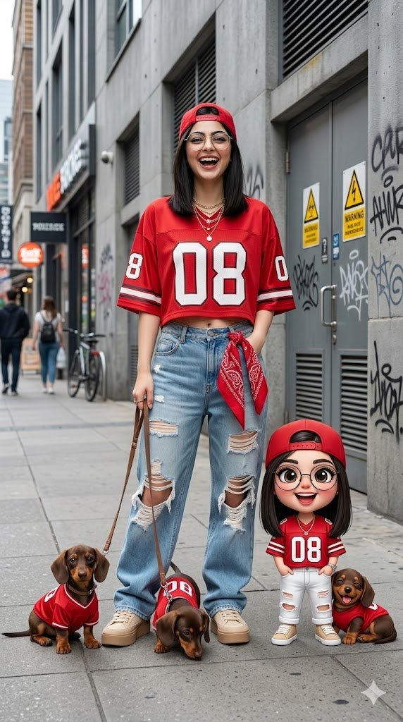 A young woman in a red jersey poses on a sunny city sidewalk.