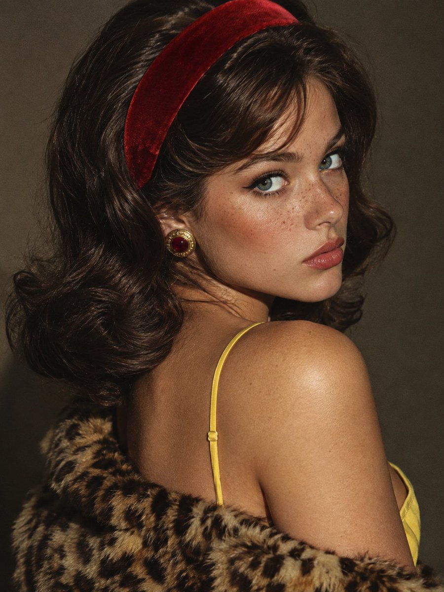 Woman with red headband glances over shoulder in warm studio light